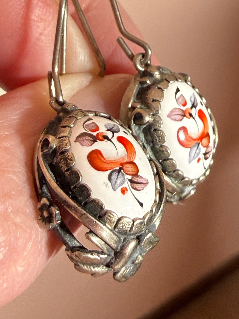 Vintage Russian Rostov Finift Hand Painted silver Victorian earrings Boho